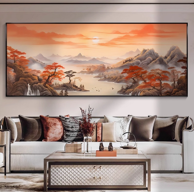 办公室山水画新中式客厅装饰画横幅水墨画沙发背景墙壁画茶室挂画